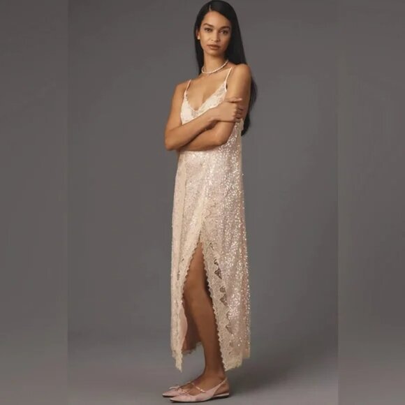 🌸💛Anthropologie En Elly V-Neck Lace Sequin Slip Midi Maxi Dress LARGE NWT $168 - Picture 1 of 11
